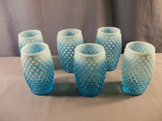 Set Of 6 Vintage Fenton Blue Opalescent Glass Hobnail Barrel Tumblers