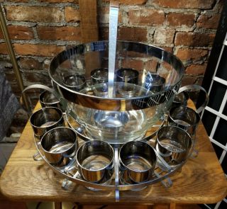 Vintage Mcm 15 Pc Dorothy Thorpe Silver Fade And Banded Punch Bowl Set & Stand