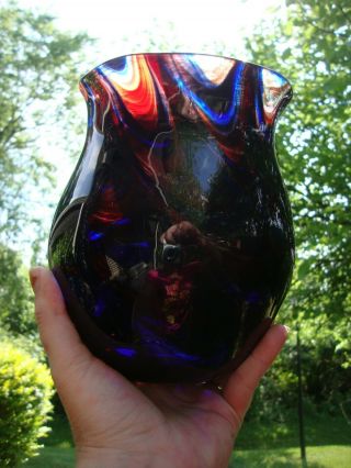 Antique Vtg Murano Hand Blown Vase Cobalt Blue Brown Swirl Studio Art Glass Vase