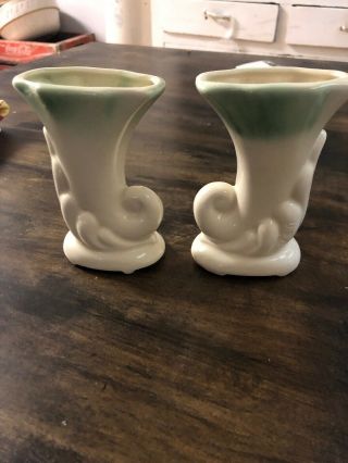 Small Pair 2 Planter Vase Pottery Usa Green Cornucopia Vintage