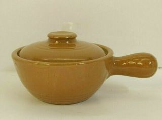 Vintage Pottery Crock Bowl Bean Pot With Lid And Handle Tan
