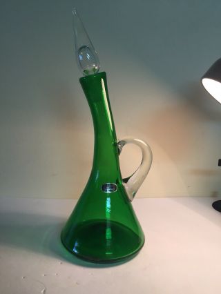 Vintage Bischoff Bent Neck Decanter In Emerald Green With Clear Stopper