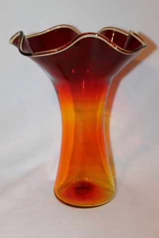 Vintage Blenko Hand Blown Glass Vase Ruffle Top Orange Color 11 " Tall