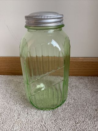Large 40 Oz.  Hoosier Green Ribbed Depression Glass Canister Jar - 8 "
