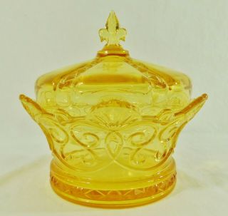 Antique/vtg 9 " Fostoria Navarre Crown Yellow Amber Glass Covered Serving Bowl