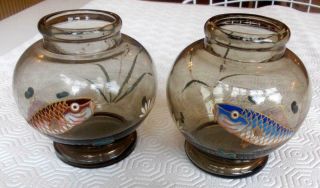 Matching Pr.  Antique Moser? Grey Glass Vases Enamelled Fish 4.  25in Height