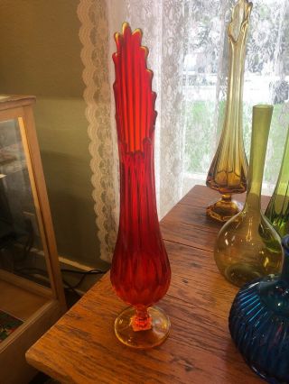 Vintage Viking Red Orange Amberina Stretch Swung Vase 16” Tall Art Glass Eames