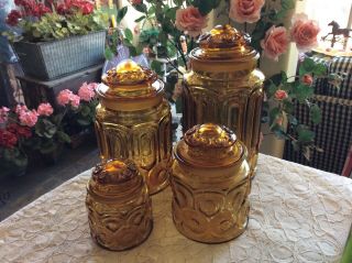 Vintage Le Smith Amber Gold Moon & Stars 4 Piece Glass Canister Set/ground Lids