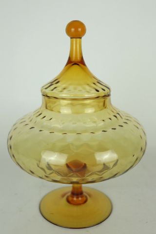 Vintage Empoli Hand Blown Amber Glass Covered Candy Dish W/ Lid - 11.  25 " Tall