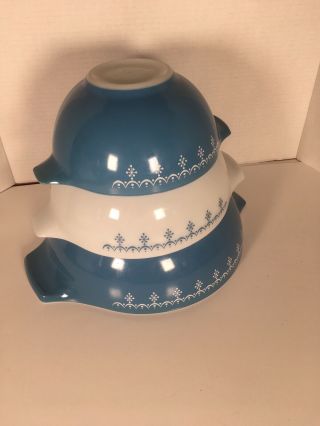 Vintage Pyrex Snowflake Garland Blue 442,  443,  444 Cinderella Mixing Bowls