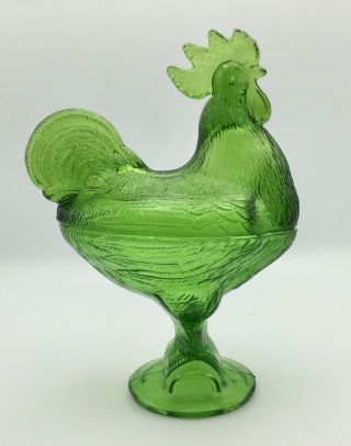 Vintage KANAWHA 9.  75” GREEN GLASS ROOSTER Standing On Log Covered Candy Dish EUC 2