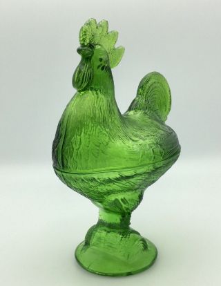 Vintage KANAWHA 9.  75” GREEN GLASS ROOSTER Standing On Log Covered Candy Dish EUC 3