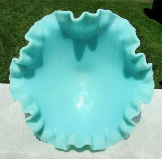 Fenton Vintage 50 ' s Glass Turquoise Ruffled Compote Bowl Candy Dish 6.  75 