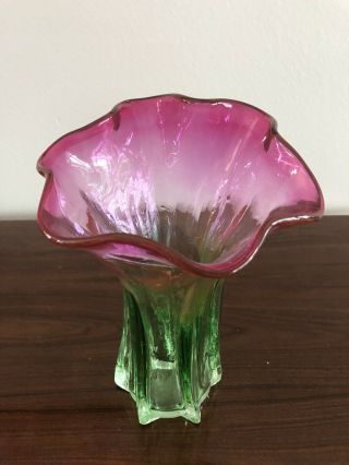 Vintage Murano Glass Flower Vase Pink & Green 2