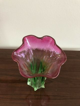 Vintage Murano Glass Flower Vase Pink & Green 3