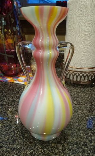 Rainbow Harrach Mt.  Washington Webb Handled Vase 10 "