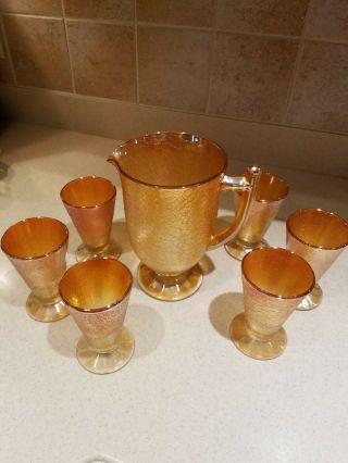 Vintage Jeanette Iridescent Marigold Carnival Crackle Glass Pitcher And Tumblers