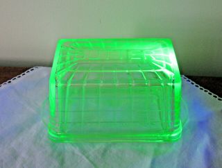 Anchor Hocking Block Optic Green Depression Glass Butter Dish W/ Lid