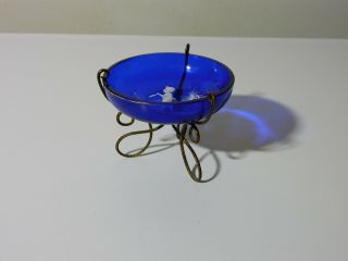 Antique Mary Gregory Cobalt Blue Nut Dish On Metal Stand Boy Holding Feather