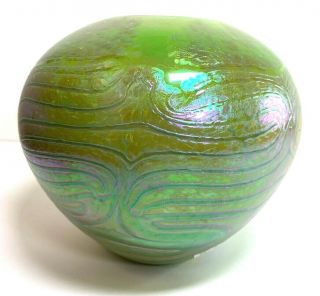 Signed Unique Green Iridescent Art Glass Vase
