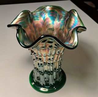 Fenton Squat 6 " April Showers Green Iridescent Carnival Glass Vase Antique