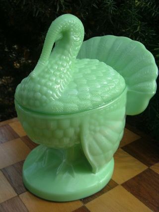 L.  E.  Smith Jadeite Green Glass Turkey Covered Candy Dish Bowl