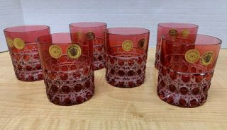6 Bleikristall Cranberry Red Cut To Clear Crystal 3 1/2 " Old Fashioned Glasses