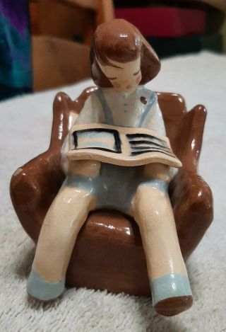 Jean Manley California Art Pottery 3 3/4 " Tall Girl In Chair Reading Book