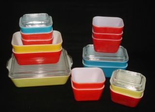 Pyrex - 19 Pc.  Primary Red,  Blue,  Yellow Refrigerator Dishes,  Lids