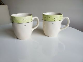 Rae Dunn " Sip " Set Of 2 Mugs Green And Black Polka Dot By Magenta