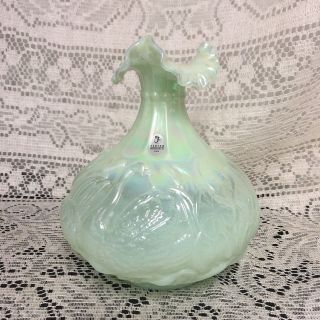 Fenton Art Glass Swan Vase Sea Green Iridescent Signed George Fenton