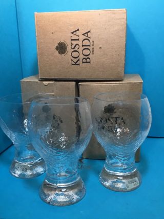 3 Vntg Nos Kosta Boda Sweden Party Leaf Water Goblet Drinking Glasses Mcm W/box