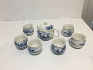 7 PC SET Japanese Tea Pot And Cups Blue Mountain Village Porcelain 2