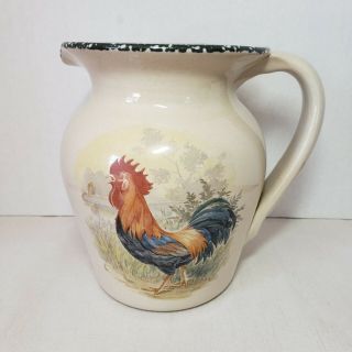 Vintage 1999 Home & Garden Party Stoneware Rooster Pitcher Displayed