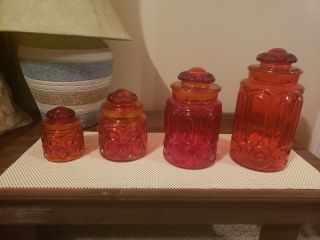 Le Smith Red Amberina Moon And Stars Glass Canisters - Set Of 4