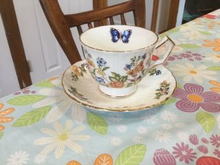 Aynsley Fine China Tea Cup Saucer Multicolor Flowers Gold Trim England Butterfly