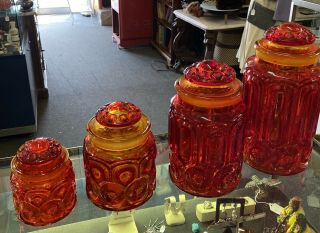 Le Smith Moon And Stars Glass Canisters Red Amberina Set Of 4