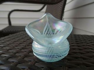 Terry Crider Glass Blue Iridescent Pulled Feather Threaded Miniature Jip Vase
