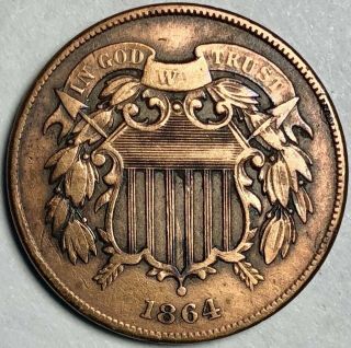1864 Two 2 Cent Piece - Large Motto,  Fine/vf
