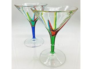 " Positano " Martini Glass Pair - Blue & Green - Hand Painted Venetian Glassware