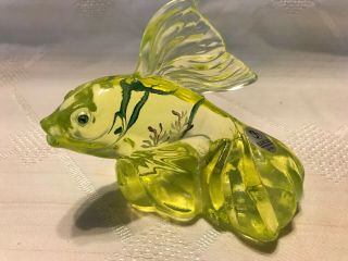 Fenton Green Glass Hand Painted And Signed Koi Fish