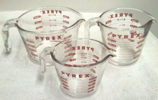 Vintage 3 Piece Set Pyrex Glass Measuring Cups 1 - 2 - 4 Cup
