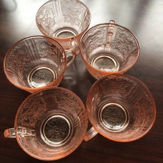 Set Of 5 Vintage Pink Depression Glass Coffee/tea Cups - Ornate Handles