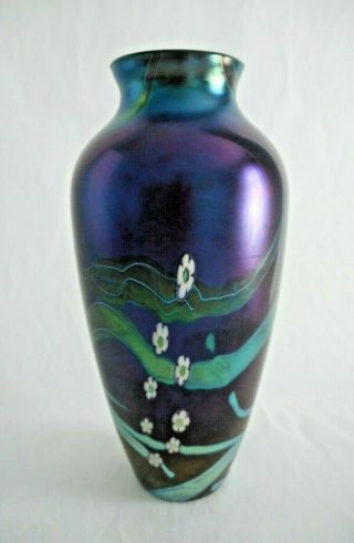 Large Okra Iridescent Art Glass Vase.  Moorcroft Period.  White Flowers