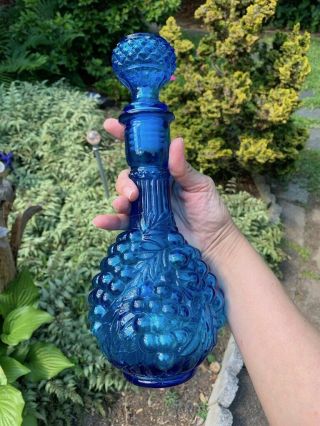 12” Mid Century Empoli Cobalt Blue Genie Bottle Decanter Wine Stopper Barware