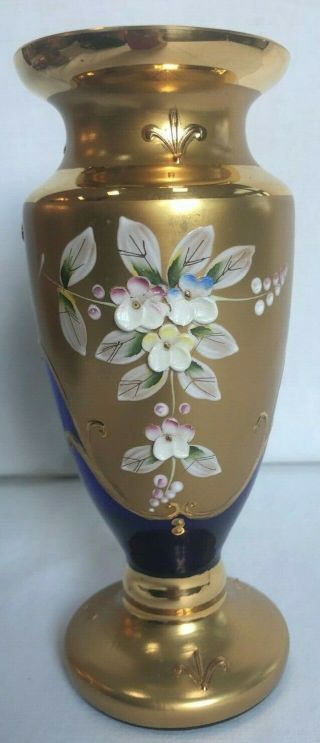 Rare Vintage Murano Venetian Blue Glass Vase Covered In 24k Gold And Hand Painte