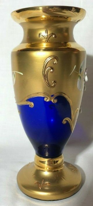 RARE VINTAGE MURANO VENETIAN BLUE GLASS VASE COVERED IN 24K GOLD AND HAND PAINTE 2