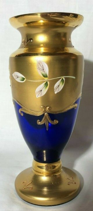 RARE VINTAGE MURANO VENETIAN BLUE GLASS VASE COVERED IN 24K GOLD AND HAND PAINTE 3