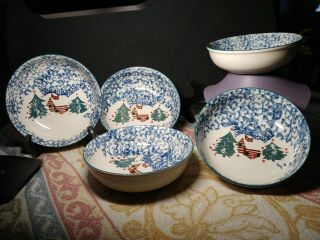 5 Folk Craft Cabin In The Snow Cereal/soup Bowls By Tienshan