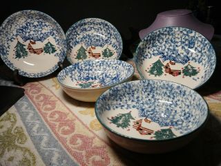 5 Folk Craft Cabin In The Snow Cereal/Soup Bowls By TienShan 2
